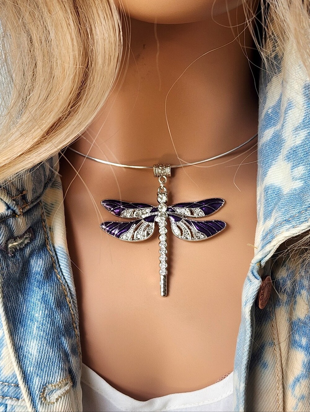 Anthropologie Jewelry Boho Dragonfly Necklace Purple Large Silver Pendant